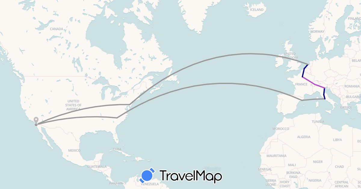 TravelMap itinerary: driving, plane, train in Belgium, Switzerland, Spain, France, Italy, Netherlands, United States (Europe, North America)
